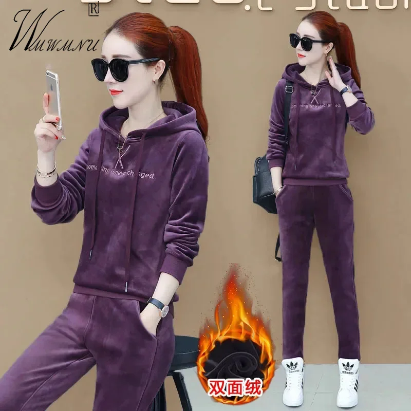 Top Trends: Korean Fashion Plush Velvet Two Piece Set Women Fall Winter Hooded Sweatsuit And Jogger Pants Tracksuit Casual Thicken Warm Suit Shoppable Styles