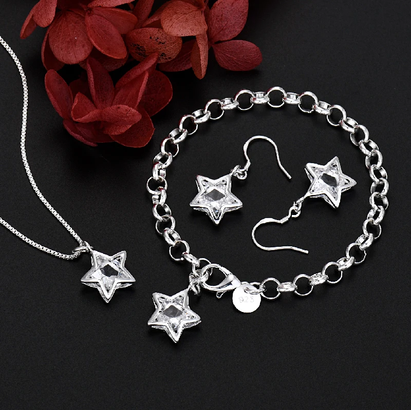 Top Trends: Popular Brands 925 Sterling Silver Pretty Crystal Star Necklace Earring Bracelet Jewelry Set Women Fashion Wedding Accessories Shoppable Styles - Image 3