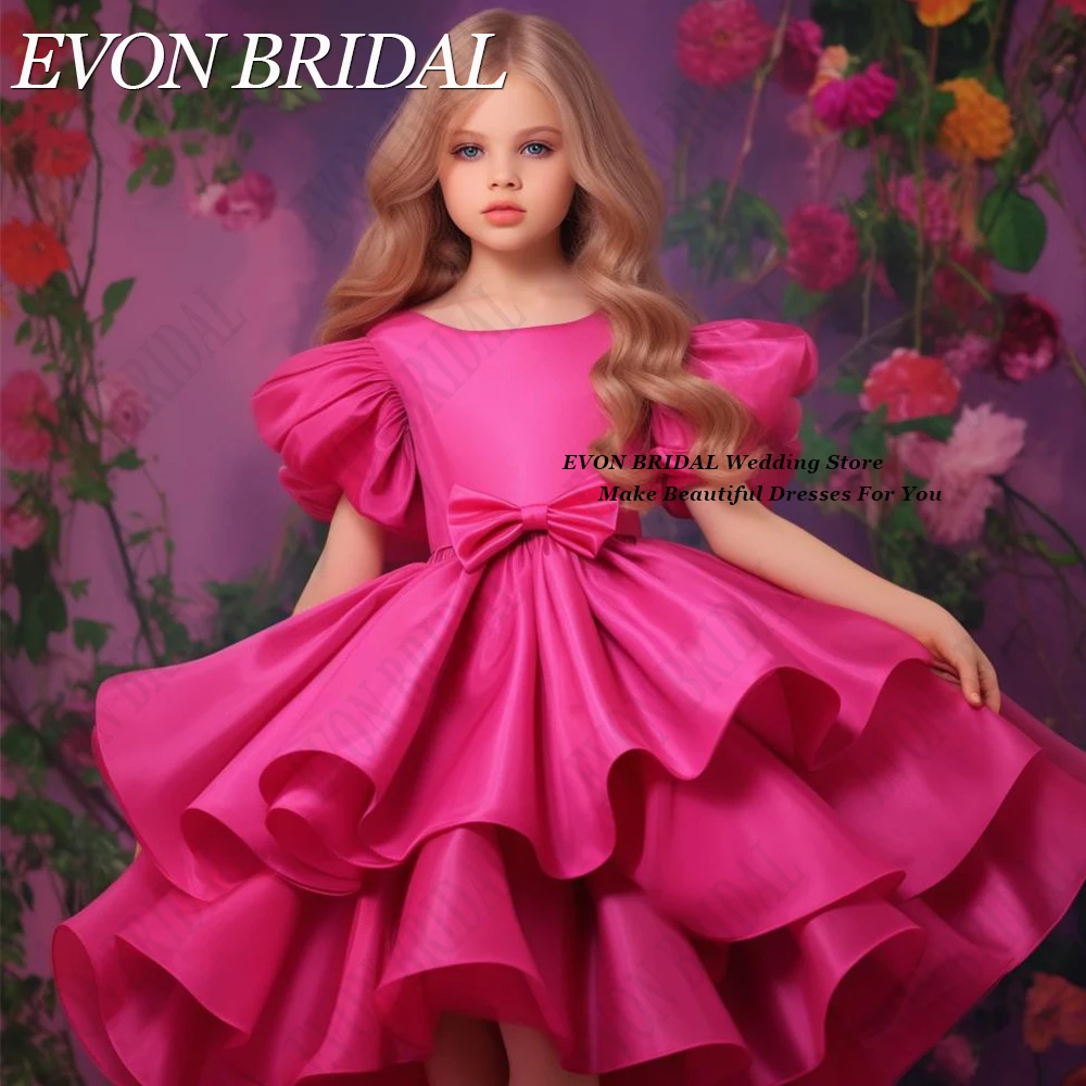 Top Trends: EVON BRIDAL Hot Pink Girl Dresses With Bow Satin Knee Length Princess Kids Birthday Wedding Party Short Puffy Sleeves Prom Gown Shoppable Styles