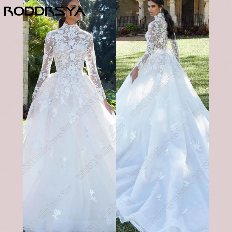 Top Trends: RODDRSYA Luxury Wedding Dress Floral Lace Long Sleeves Bridal Gowns Sheer High Neck Bodice Vestido De Novia Tulle Sweep Train Shoppable Styles