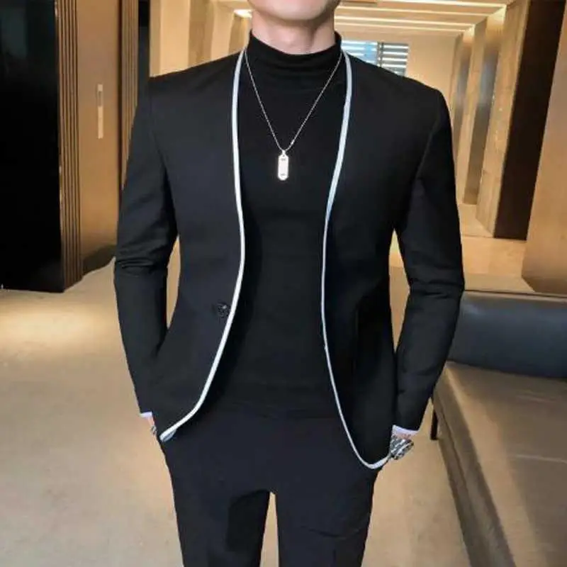 Top Trends: Black Casual Men Suits With Round Collar 2 Piece Blazer With Pants Slim Fit Wedding Tuxedo For Groomsmen Male Fashion Clothes Shoppable Styles