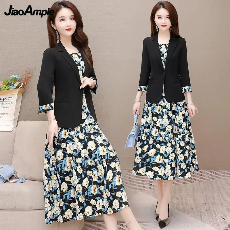 Top Trends: Women's Casual Floral Sling Dress Set 2024 Spring Autumn New Suit Jacket Dresses Two Piece Female Chic Blazers Midi Skirt Set Shoppable Styles