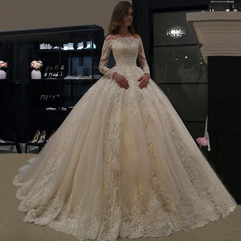 Top Trends: Haute Couture Elegant Ivory White Women Wedding Dress With Full Sleeves Off The Shoulder Sequin Crystal Ball Gown Bride&#039;s Dress Shoppable Styles