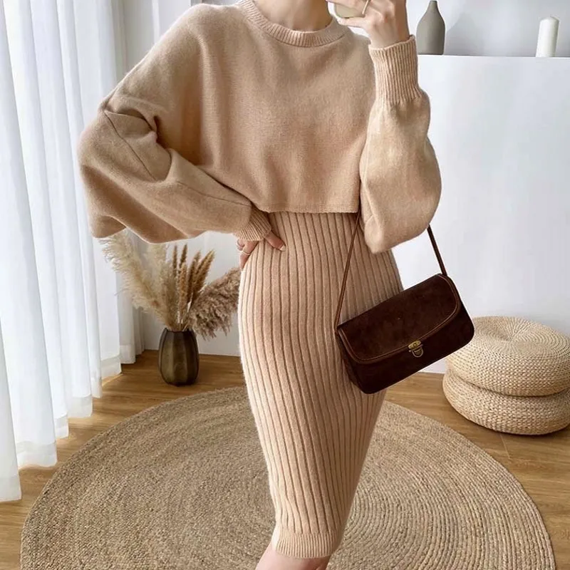 Top Trends: Fall Winter Long Sleeve Korean Knitted Vest Dress Suit Solid O-Neck Sweater Pullover Elegant Sling Dresses Women's 2 Pieces Set Shoppable Styles