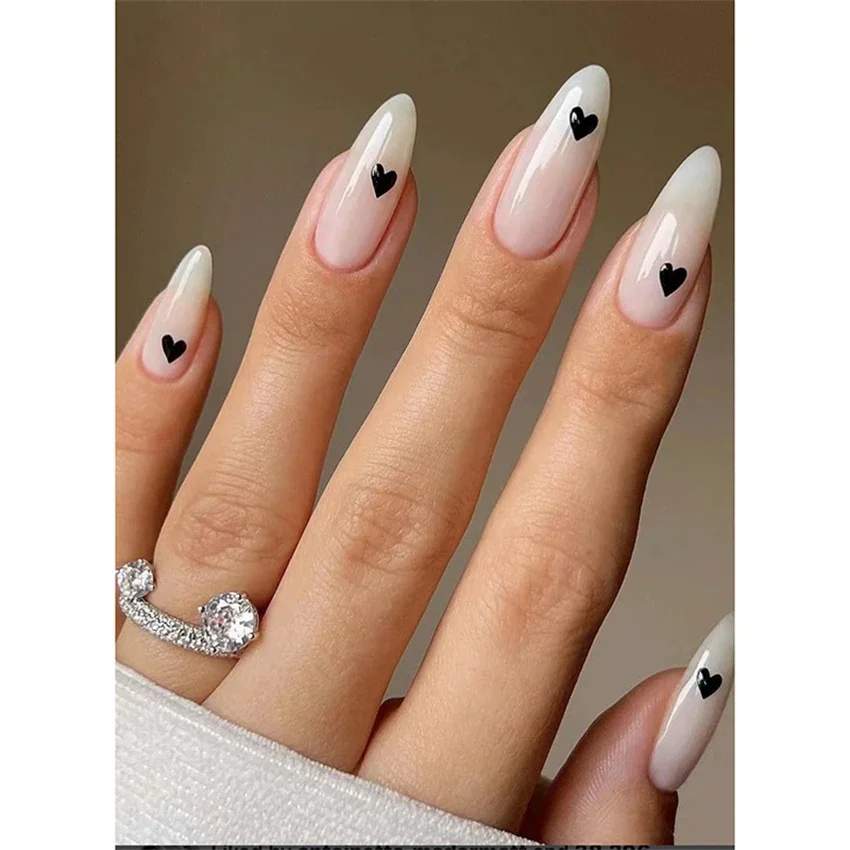 Top Trends: 24Pcs / Set White Long Almond Fake Nails Art Black Heart Oval Artificial Removable Acrylic Press On Nail Hot Sale Stick On Nails Shoppable Styles