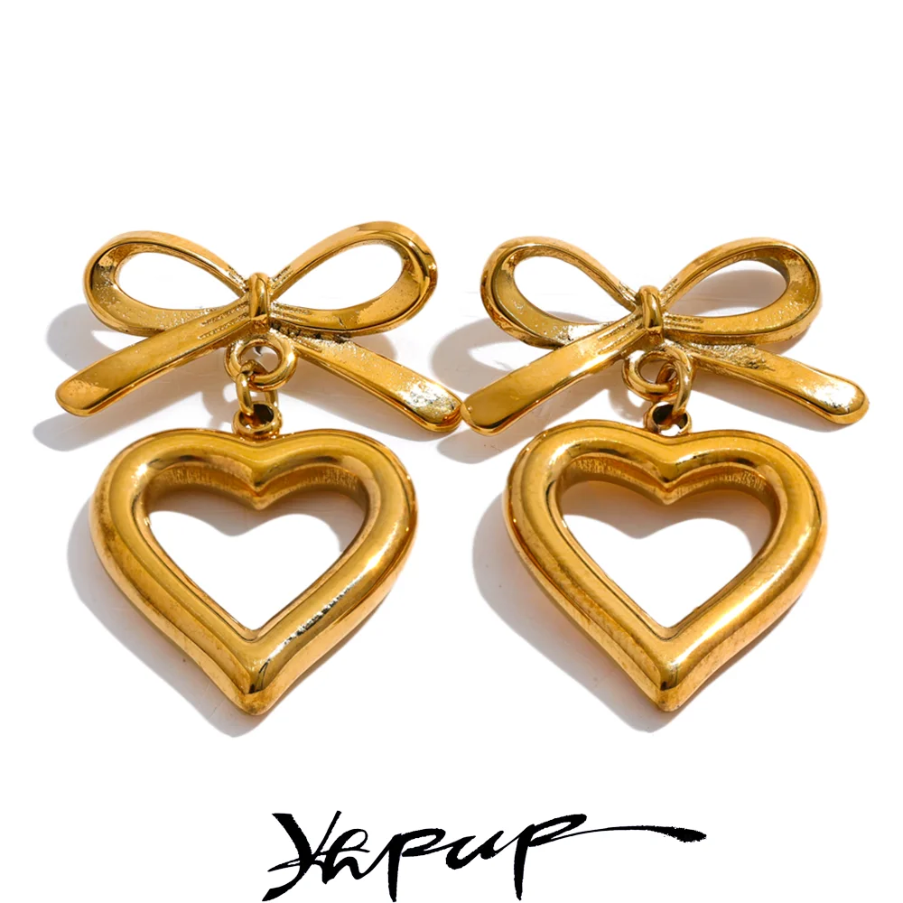 Top Trends: Yhpup New Stainless Steel Bow Tie Heart Love Hollow Drop Earrings Stylish High Quality Gold Plated Earrings Jewelry Waterproof Shoppable Styles