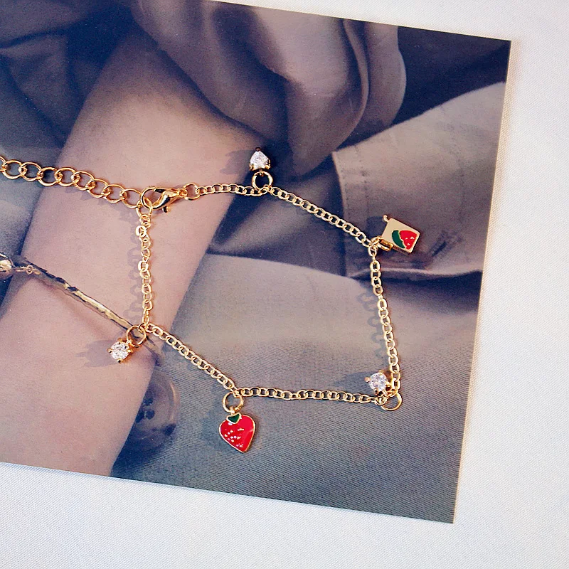 Top Trends: Korean New Girl Red Strawberry Charms Bracelet 2023 Trendy Zircon Small Fresh Student Heart Bracelets For Women Friendly Gift Shoppable Styles - Image 4