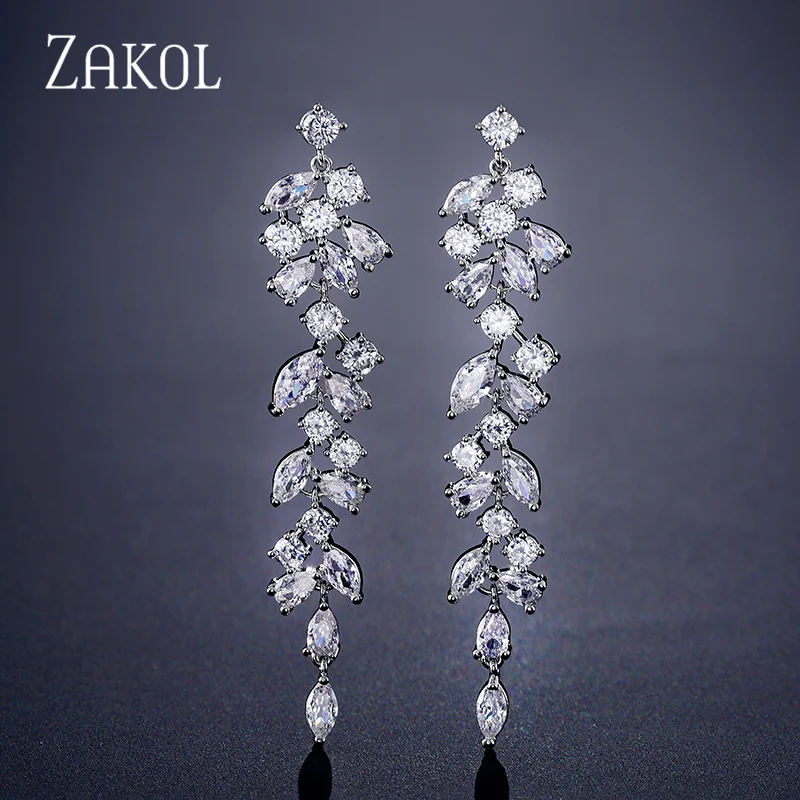 Top Trends: ZAKOL Fashion Cubic Zirconia Leaf Long Dangle Earrings For Women White Leaves Drop Earring Bridal Wedding Jewelry Gifts Shoppable Styles