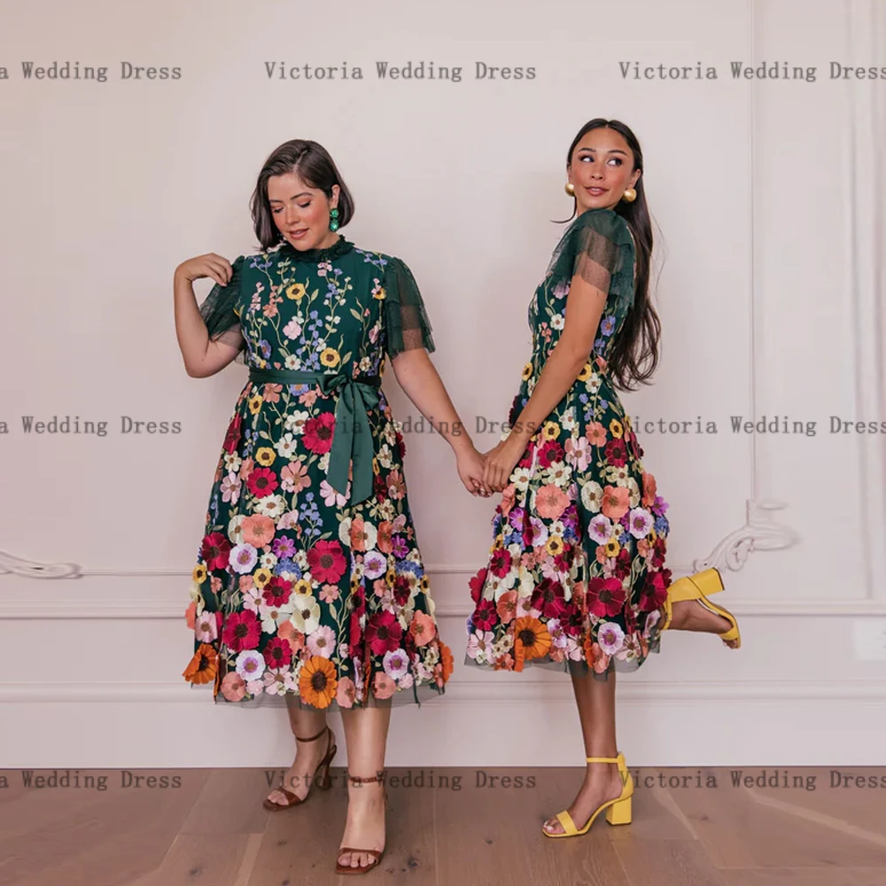 Top Trends: Elegant Flowers Mother Of The Bride Dresses Plus Size High Neck Short Sleeve Wedding Party Gowns Tea Length A-Line فساتين السهرة Shoppable Styles