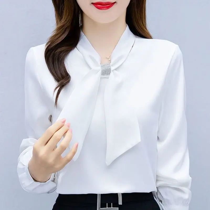 Top Trends: Office Lady Stylish V-Neck Bow Blouse Spring Autumn Solid Color Basic Women's Clothing Long Sleeve Chic Diamonds Korean Shirt Shoppable Styles