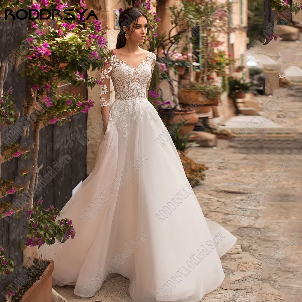 Top Trends: RODDRSYA Boho 3 / 4 Sleeves Wedding Dress A-Line Scoop Lace Applique Bride Gowns Sweep Train Tulle Illusion Vestidos De Novia Shoppable Styles