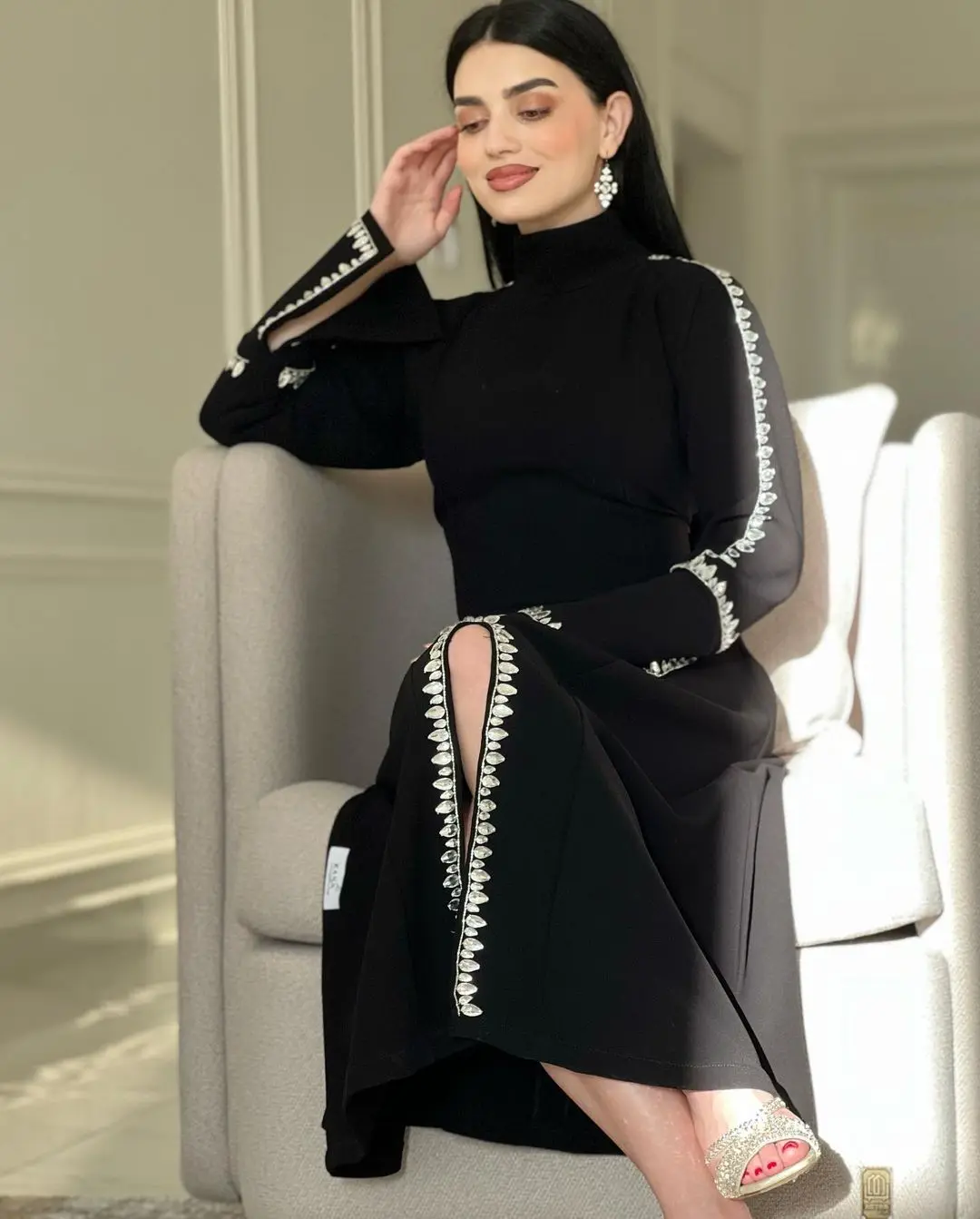 Top Trends: Saudi Arabia Formal Black Front Slit Prom Dresses Women Evening Dress High Collar Rhinestone Long Sleeves Evening Party Gowns Shoppable Styles