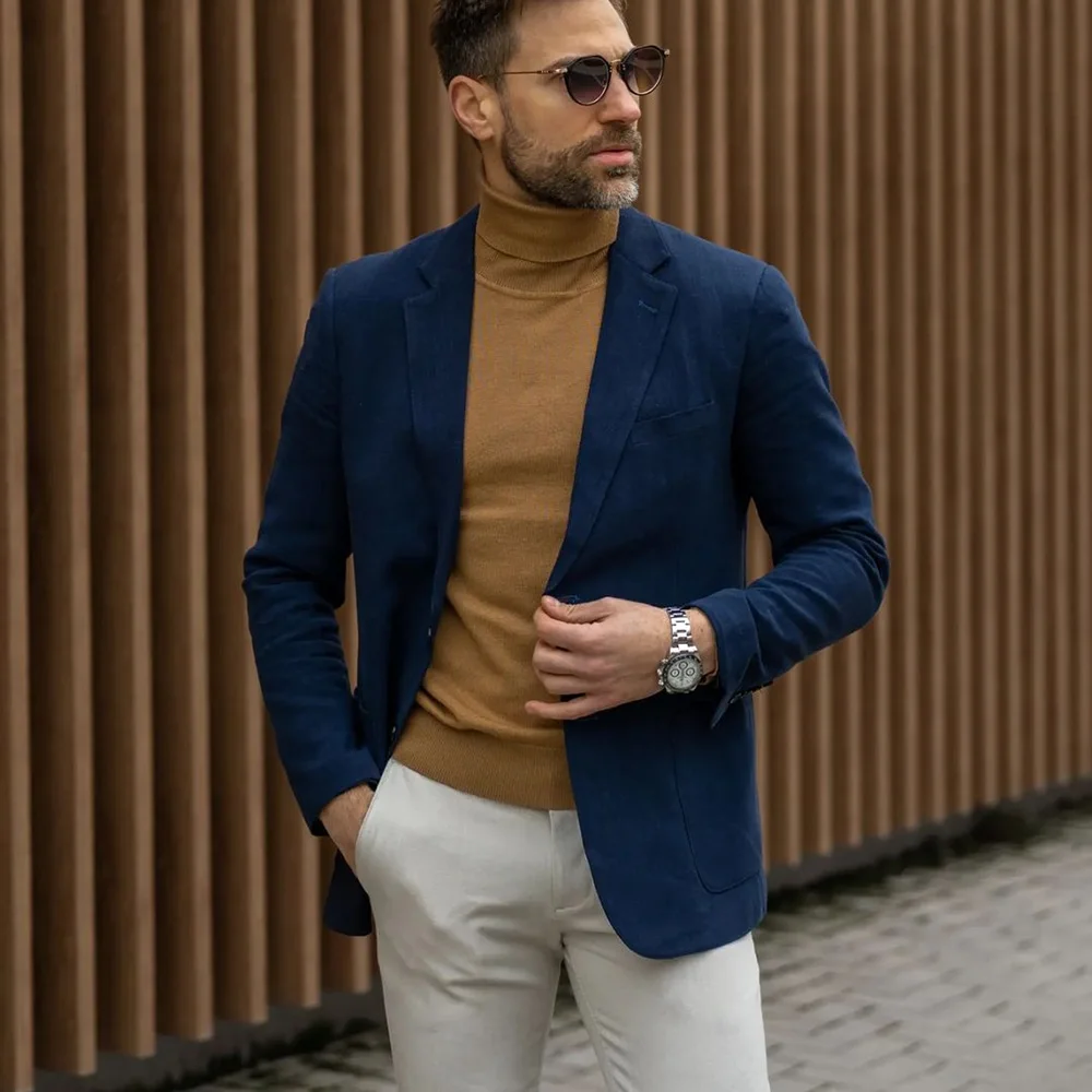 Top Trends: Men's Suits Navy Blue Coat Beige Trousers Notched Lapel Single Breasted Casual Prom Outfits Costume Jacket Pants Two Piece Shoppable Styles