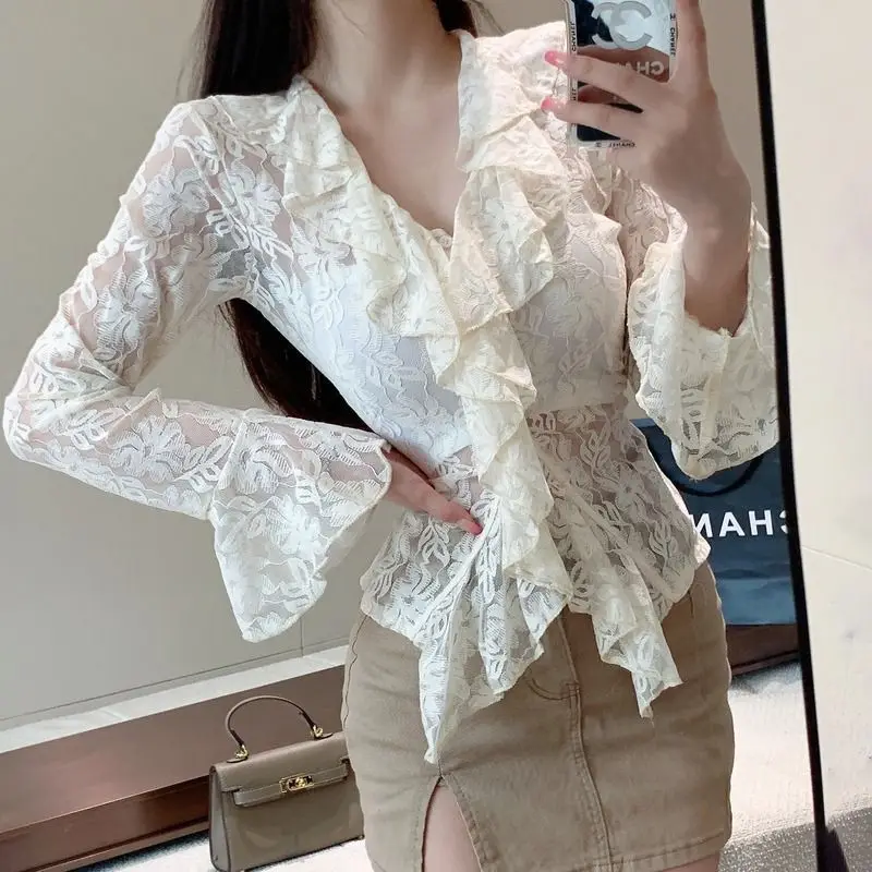 Top Trends: Stylish Solid Color Spliced Lace Ruffles Blouse Female Clothing 2023 Spring Summer New Casual Pullovers Flare Sleeve Chic Shirt Shoppable Styles