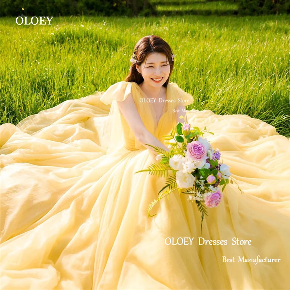 Top Trends: OLOEY Yellow Organza Long Prom Dresses Korea V Neck Simple Garden Party Evening Gowns Sweep Train Formal Bride Dress Photoshoot Shoppable Styles