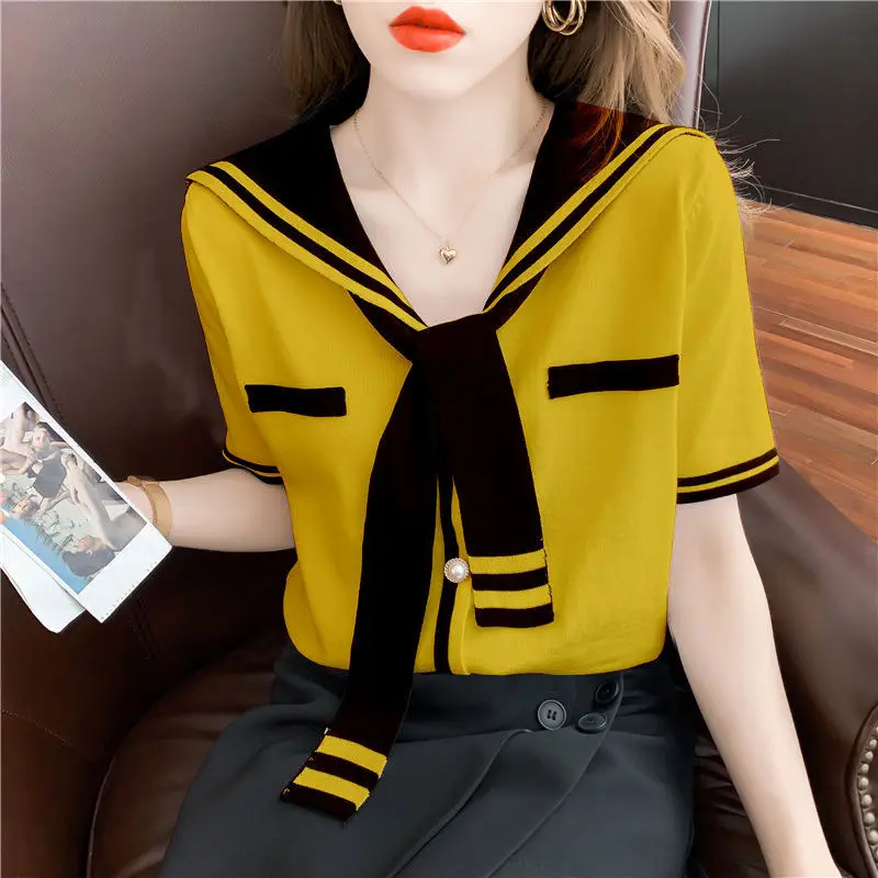 Top Trends: Fashion V-Neck Spliced Tie Button Loose Blouse Oversized Lace Up Commute Pullovers 2022 Summer New Casual Female Clothing Shirt Shoppable Styles - Image 5