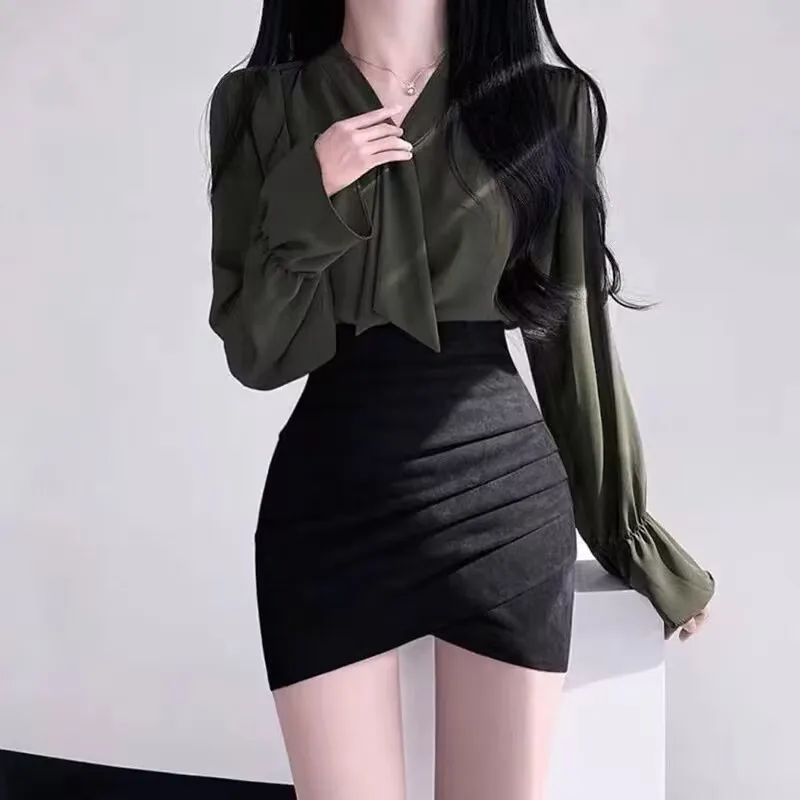 Top Trends: Spring / Summer2023 Two Piece Set Female New Fashion Outfits For Women Shirt+ High Waist Deerskin Velvet Half-body Skirt Korean Of Shoppable Styles