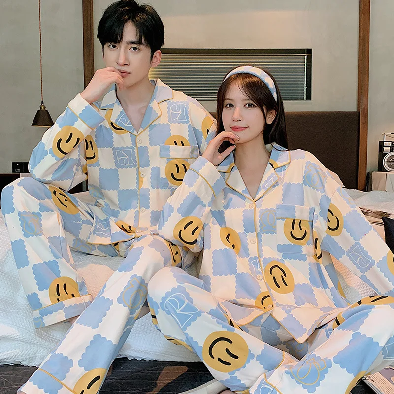 Top Trends: Youth Couple's Pajamas Autumn Cotton Soft Men And Women Matching Lounge Wear Lapel Cartoon Printed Pijamas Para Parejas Shoppable Styles