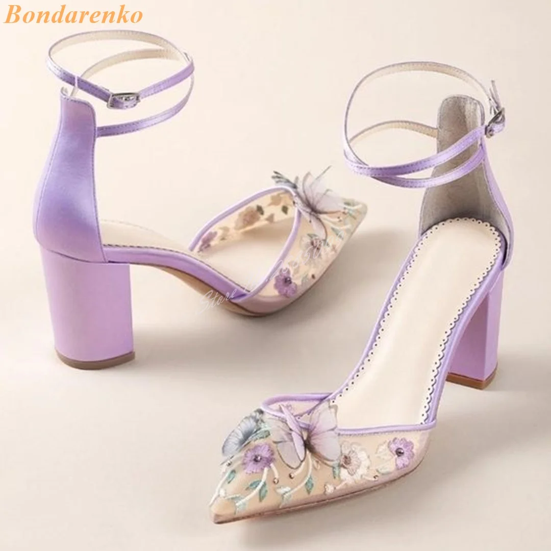 Top Trends: Sexy Butterfly Mesh Sandals New Style Buckles Straps Pointy Toe Women Sandals Designer Shoes Chunky High Heels Printed Summer Shoppable Styles