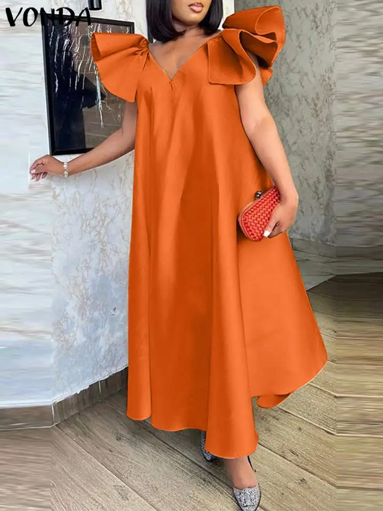 Top Trends: Women Summer Party Satin Dress 2023 Sexy V-Neck Long Maxi Sundress VONDA Elegant Short Sleeve Robe Femme Ruffled Beach Vestidos Shoppable Styles