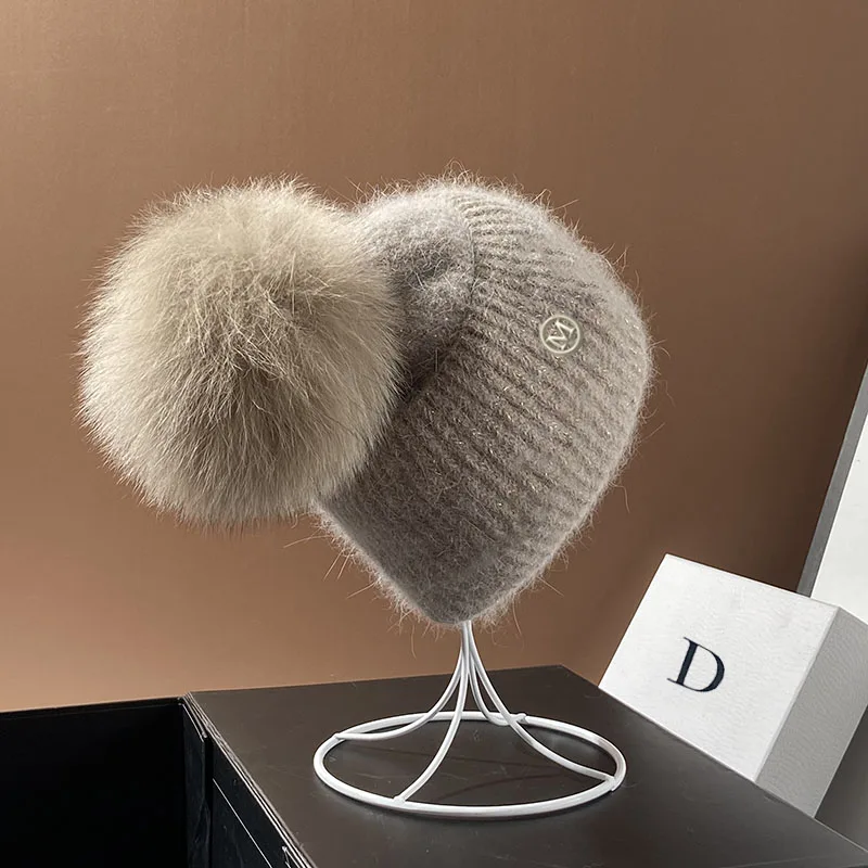 Top Trends: Real Fox Fur Pom Poms Hats For Women Winter Outdoor Warm Skullies Beanies Fashion M Letter Rabbit Knitted Thick Cap Christmas Shoppable Styles