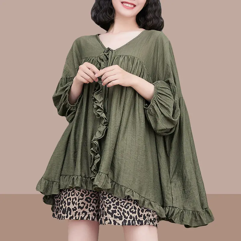 Top Trends: Spring Summer New Korean Loose Shirt Fashion Edible Tree Fungus Solid Color All-match Female Casual Shirring Drawstring Blouse Shoppable Styles