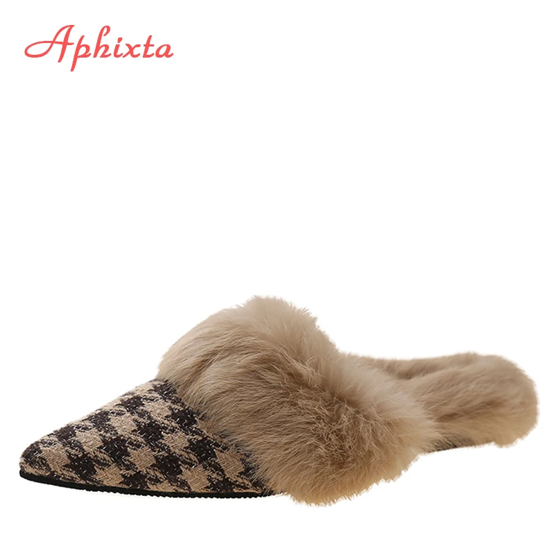 Top Trends: Aphixta New Warm Winter Real Rabbit Fur Plush Women Slippers Birds Furry Plaid Shoes Pointed Toe Flat Heel Hair Slides Shoppable Styles