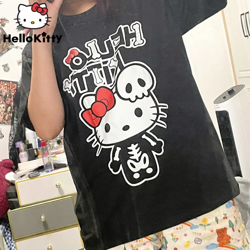 Top Trends: Sanrio Hello Kitty Halloween Goth T-shirt Y2k Gothic Women Tees Hip-hop Skeleton Tops Student Loose Fashion Oversize Clothes Shoppable Styles