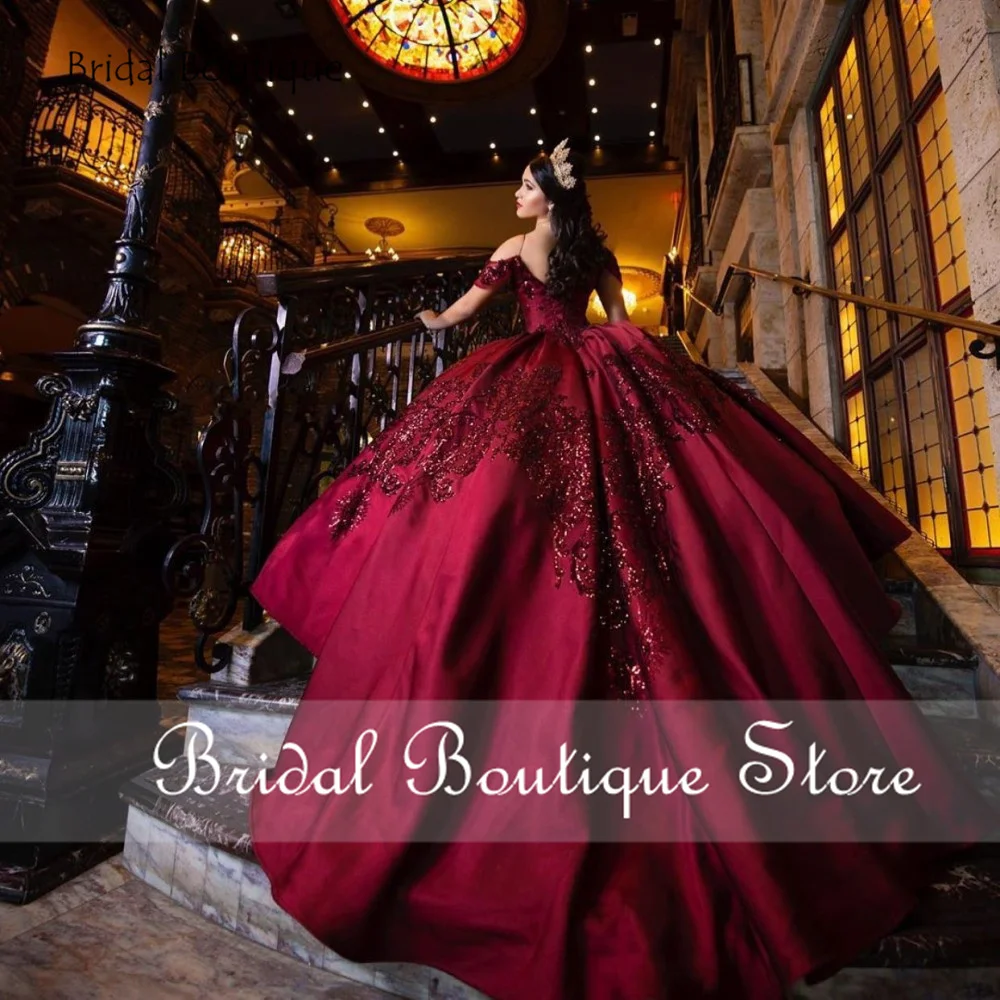 Top Trends: Elegant Burgundy Quinceanera Dresses Pocket 2023 Sequins Applique Off Shoulder Sweet 16 Dress Vestido De 15 Anos Ball Prom Gowns Shoppable Styles