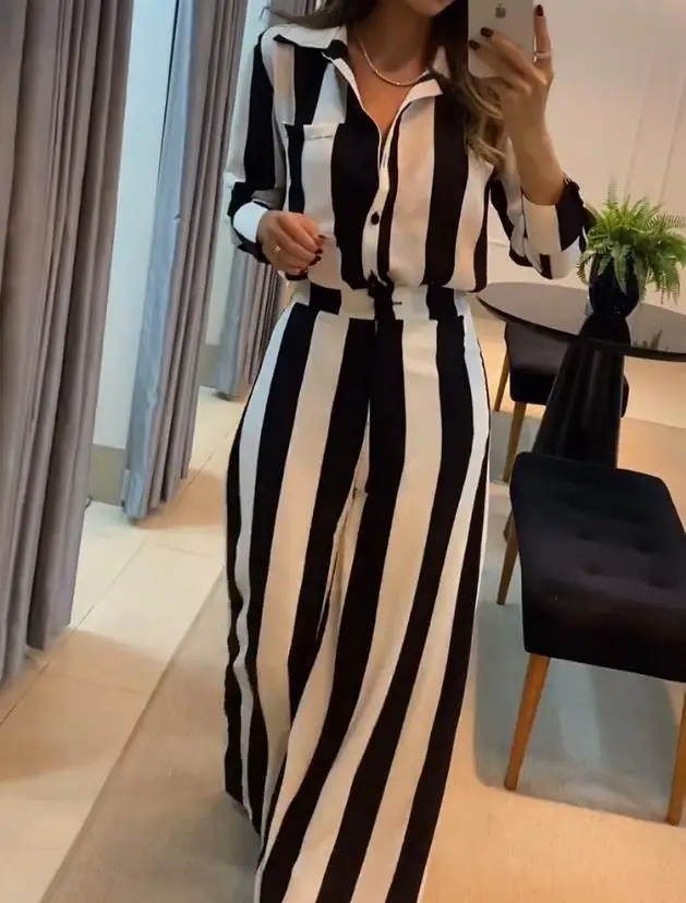 Top Trends: Elegant 2 Piece Set Women Outfit 2023 Autumn Long Sleeve Turn-Down Collar Striped Pocket Design Shirt &amp; Wide Leg Work Pants Set Shoppable Styles