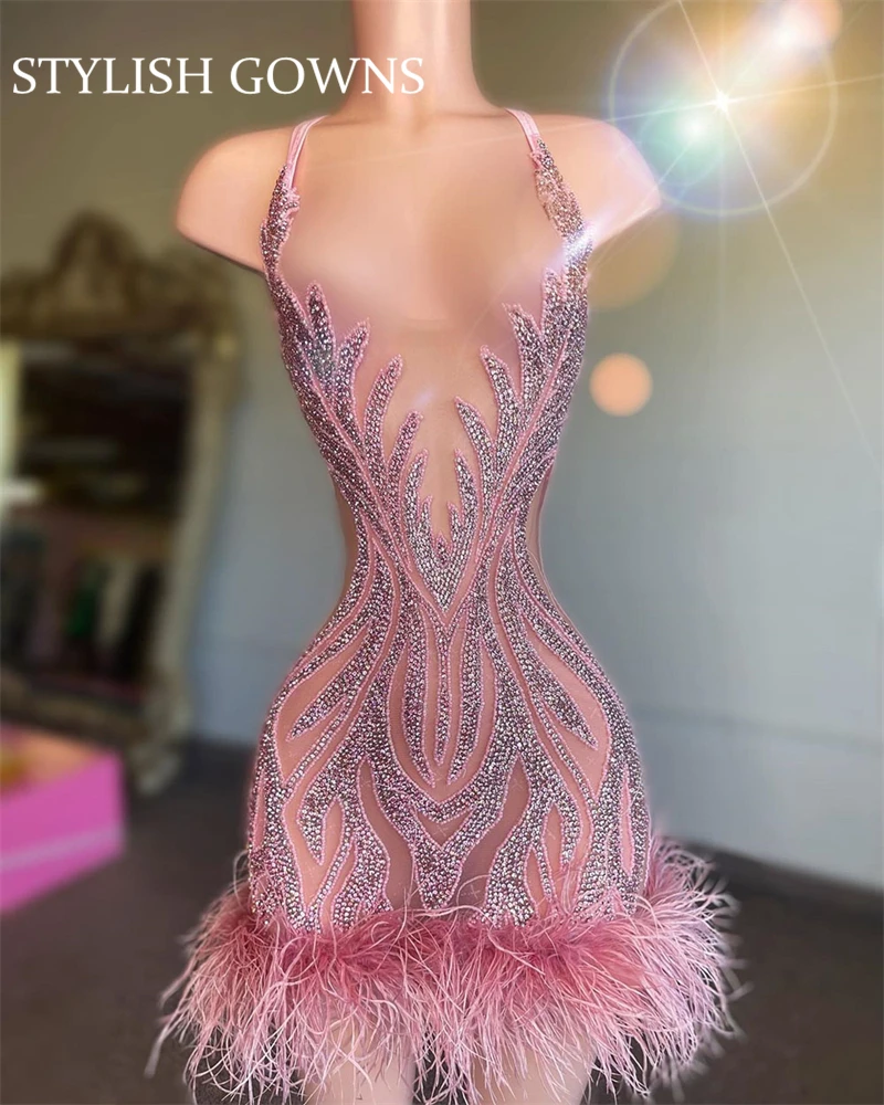 Top Trends: Pink Backless Mini Cocktail For Black Girl Beaded Crystal Short Prom Dress 2023 Luxury Feathers Birthday Party Gown Robe De Bal Shoppable Styles