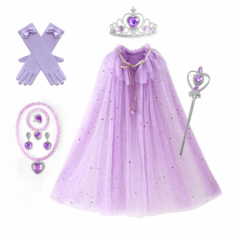 Top Trends: Girls Princess Elsa Cloak Sequin Kids Aurora Rapunzel Cape Crown Wand Necklace Set Party Cosplay Mantle Dress Up Accessories Shoppable Styles - Image 2