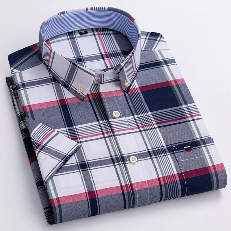 Top Trends: Summer 100% Cotton Oxford Shirt Mens Short Sleeve Pocket Soft Comfortable Regular Fit Business Casual Purple Dress Shirts Men Shoppable Styles