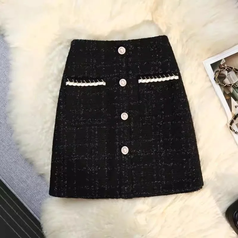 Top Trends: Women Autumn Winter New High Waisted Half Skirt Fashion Socialite Button Zipper Buttocks Wrapped Skirt Wool A-line Short Skirt Shoppable Styles