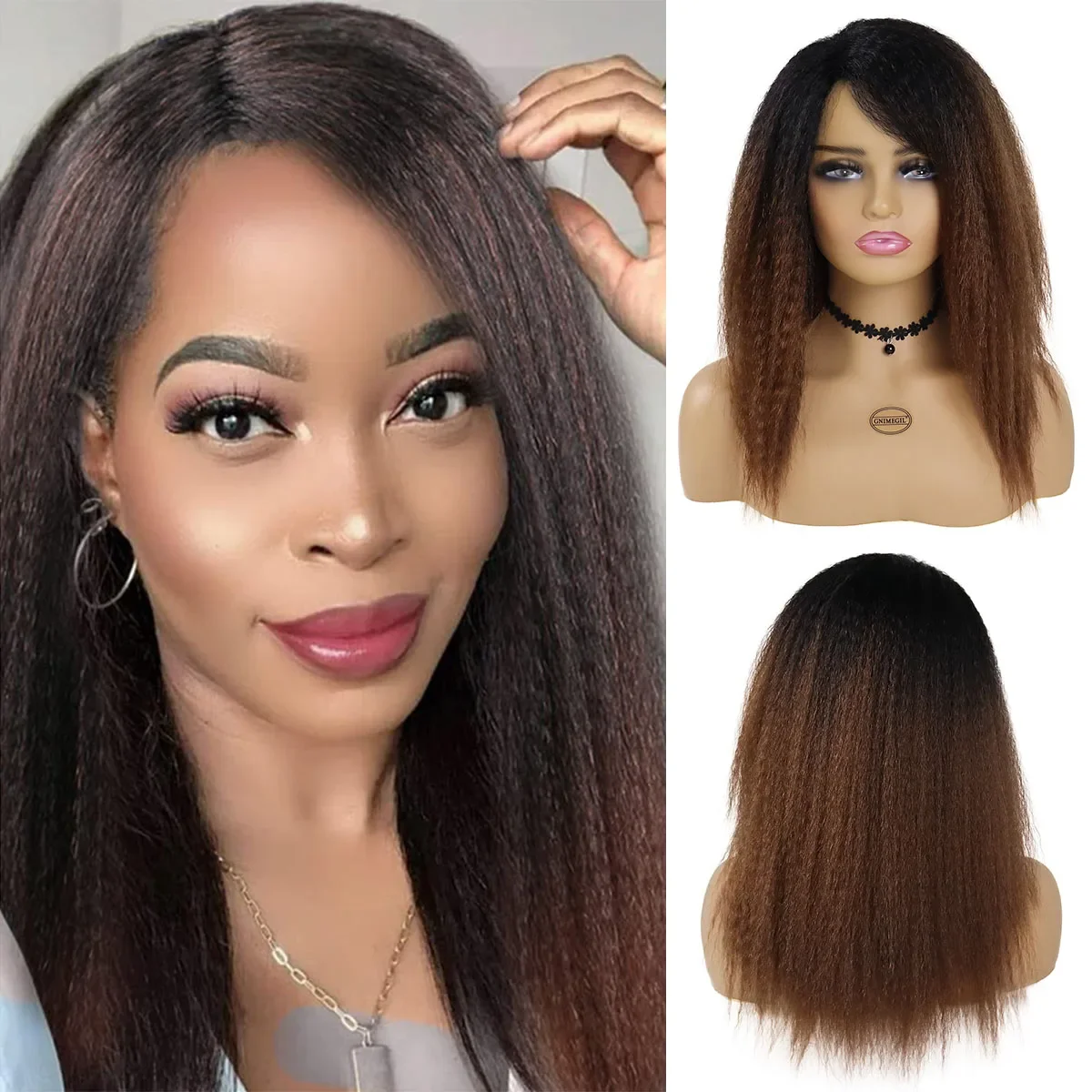 Top Trends: GNIMEGIL Synthetic Yaki Hair Wig Afro Kinky Straight Hair Wig For Black Women Daily Use Natural Ombre Brown Fluffy Hairstyle Shoppable Styles