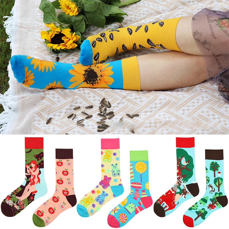 Top Trends: 2023 New Animal Pattern Puppy Cat AB Asymmetric Mandarin Duck Trendy Socks Medium Long Tube Cotton Lovers Socks Shoppable Styles