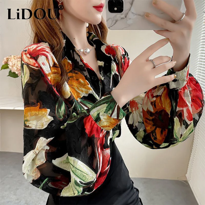 Top Trends: Spring Summer Floral Print Lantern Long Sleeve Chiffon Shirt Tops Women Elegant Fashion All-match Casual Blouse Female Clothes Shoppable Styles