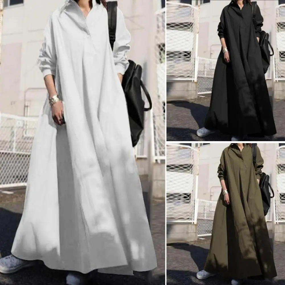 Top Trends: Versatile Women&#039;s V-neck Shirt Dress Solid Color Loose Fit Long Sleeve For Spring Autumn V-Neck Casual Long Dress Streetwear Shoppable Styles