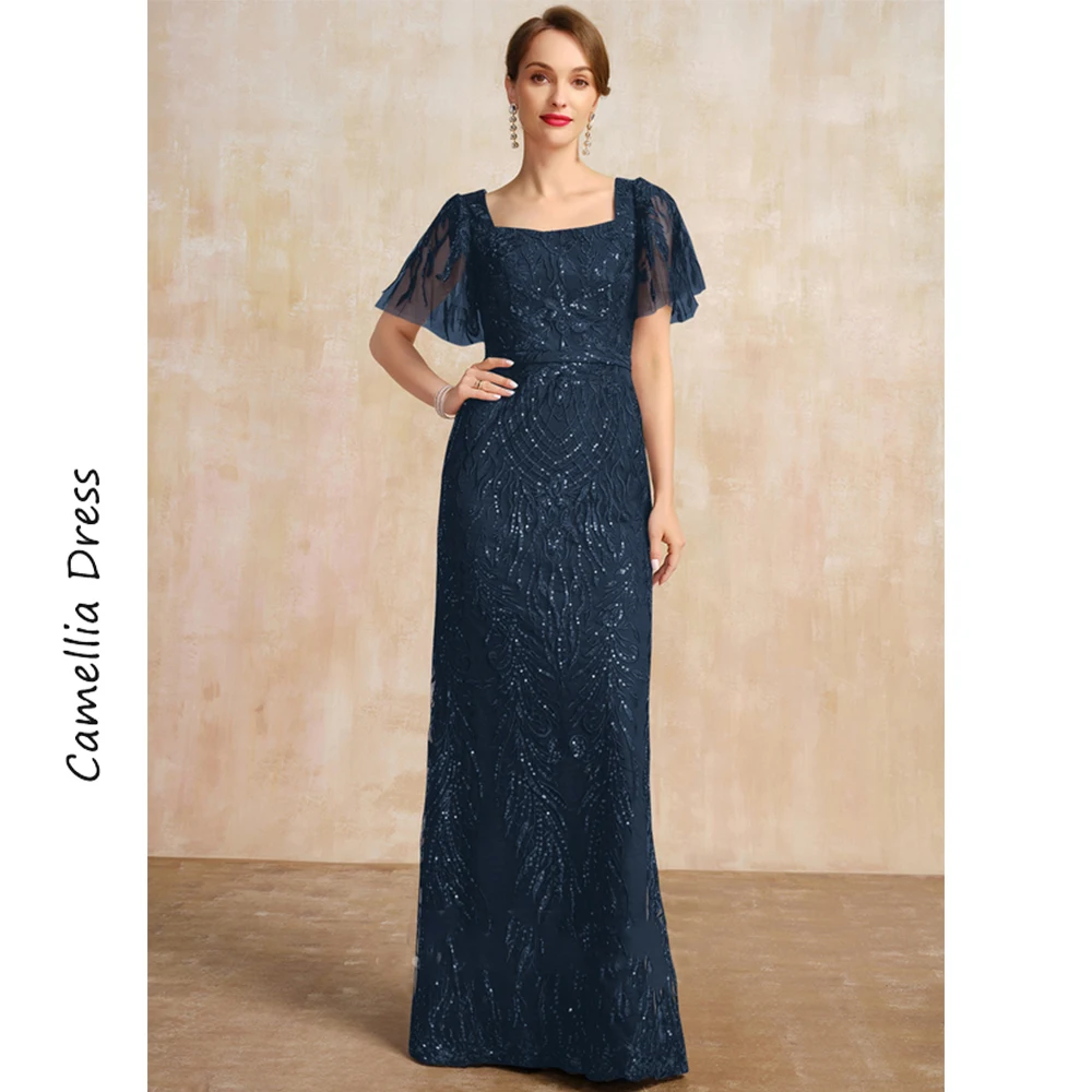 Top Trends: New Sheath Evening Square Neck Short Sleeve Dress Elegant And Pretty Women's Dresses Sequins Mother Of The Bride Dresses Vestido Shoppable Styles