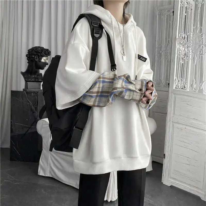 Top Trends: Fake Two Piece Plaid Patchwork Black White Oversize Harajuku Korean Fashion Casual 2022 Hoodie Long Sleeve Autumn Men Sweatshirt Shoppable Styles