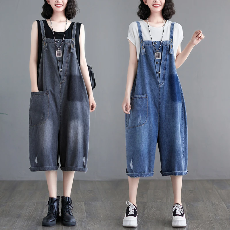 Top Trends: Vintage Blue Black Denim Jumpsuit Women Casual Loose Straight Wide Leg Short Cargo Pants Rompers Ripped Jeans Suspender Overalls Shoppable Styles