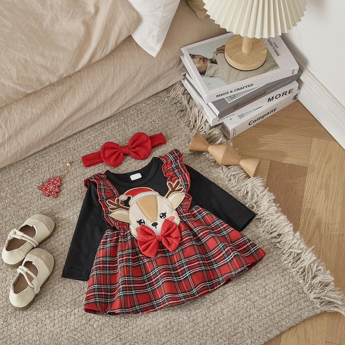 Top Trends: Christmas 0-2Y Infant Girls Dress Long Sleeve Cartoon Deer Patchwork Plaid Print Bow Dress With Bow Headband For Fall Winter Shoppable Styles