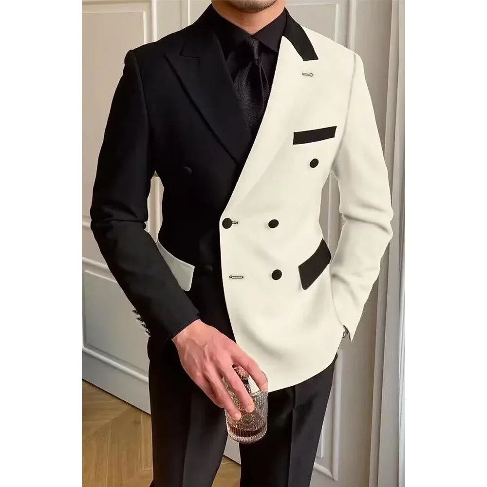 Top Trends: Latest Design White And Black Stitching Suits For Men Chic Peak Lapel Double Breasted Male Suit Concert Casual Wedding Tuxedo Shoppable Styles