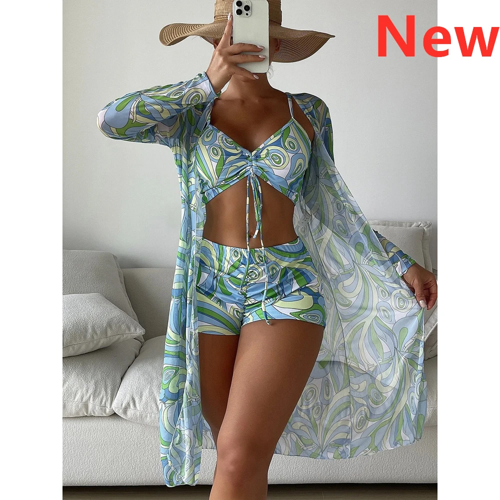 Top Trends: 3 Piece Bikini Set Cover Up Swimsuit For Women High Waist Bikinis Long Sleeve Push Up Swimwear 2023 Brazilian Beach Bathing Suit Shoppable Styles