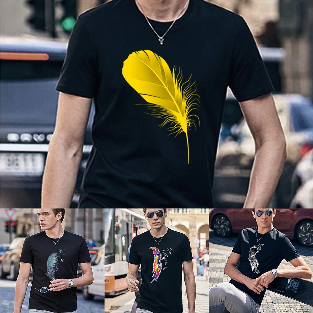 Top Trends: 2023 Summer Men Clothes Short-sleeved T-shirt Casual Breathable Male Clothing O-Neck T Shirt Feather Printed Fashion New Tops Shoppable Styles