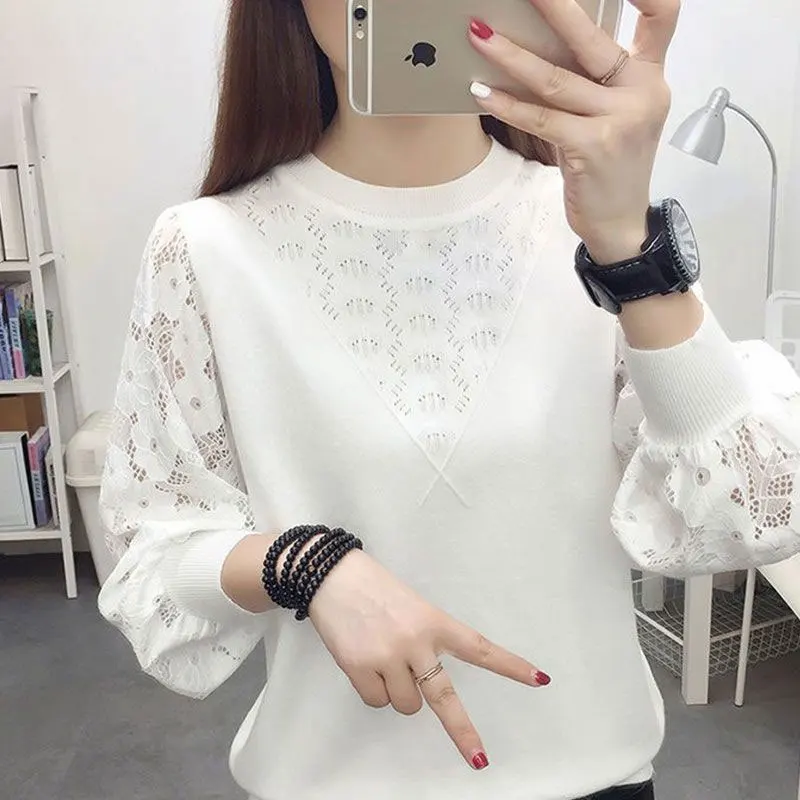 Top Trends: Casual Hollow Out Lace Spliced Blouse Spring Autumn Korean Solid Color Female Clothing All-match Long Sleeve O-Neck Loose Shirt Shoppable Styles