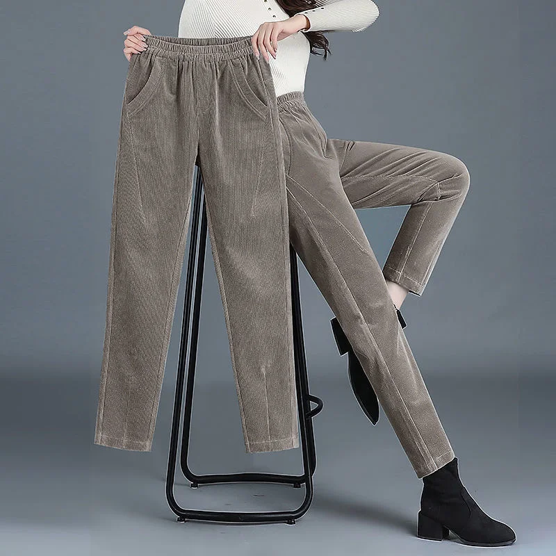 Top Trends: Fashion Versatile Corduroy Pants Autumn Winter Fleece Thick Solid Elastic Waist Pockets Patchwork Straight Loose Casual Trouser Shoppable Styles