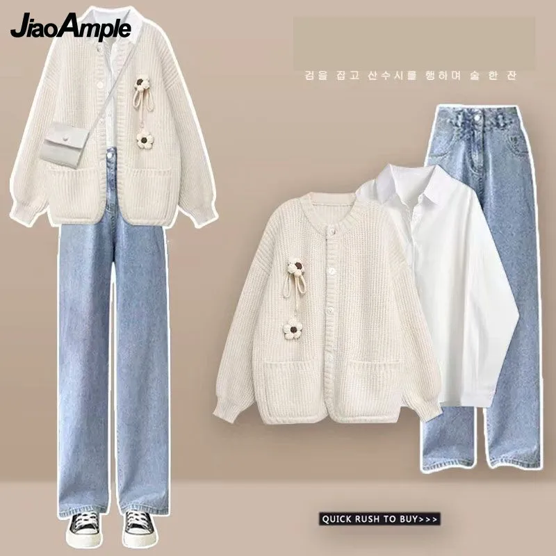 Top Trends: Women's Autumn Winter Loose Sweater Coat+ Shirt+ Jeans Three Piece 2023 New Matching Set Korean Elegant Cardigan Denim Pants Suit Shoppable Styles