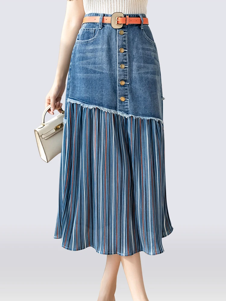 Top Trends: S-5XL Patchwork Pleated Jeans Skirts Women High Waist Ripped Skirts Vintage Elegant Korean Fashion Denim Skirts Big Size KS10294 Shoppable Styles