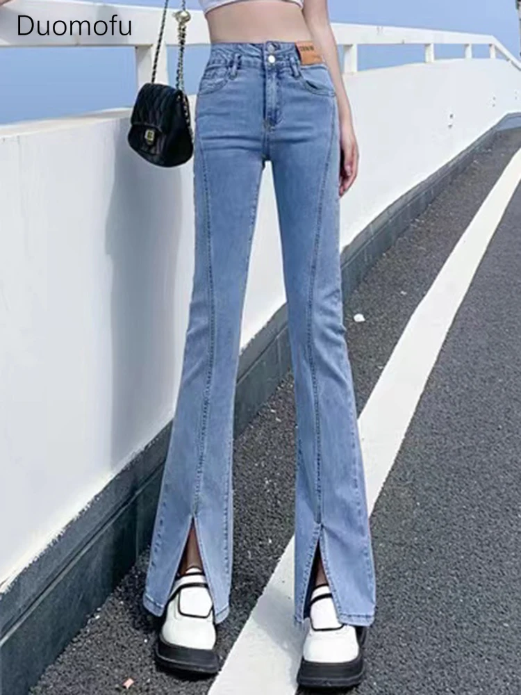 Top Trends: Duomofu Light Blue Chicly High Waist Slim Female Flare Jeans Autumn Classic Split Simple Casual Fashion Full Length Women Jeans Shoppable Styles